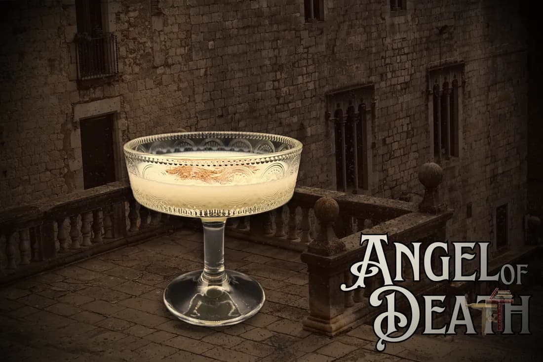 The Angel of Death drink card — a coupe on a dark stone balustrade